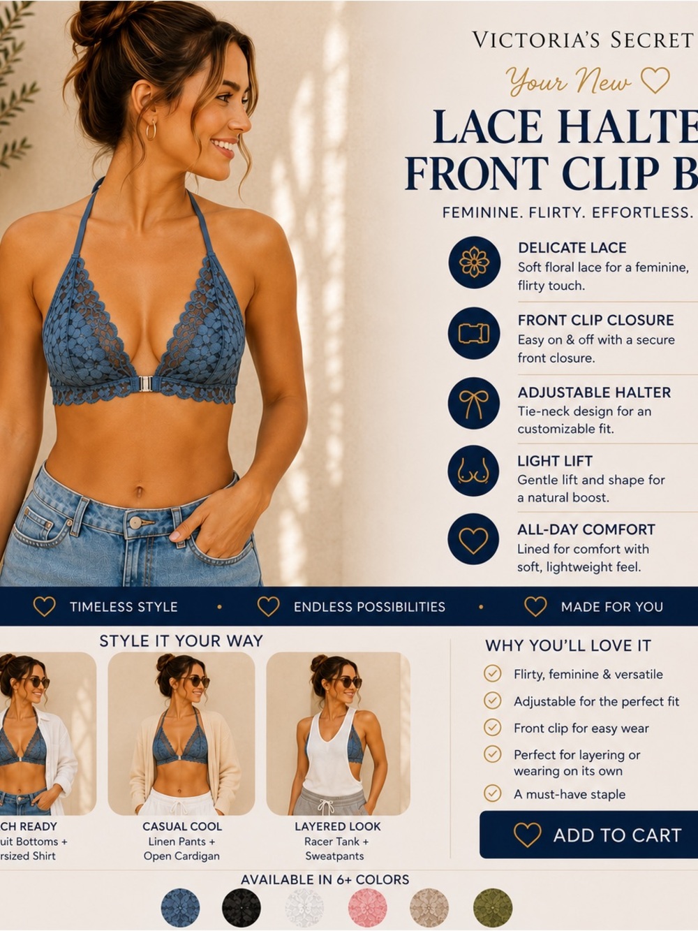 Victoria's Secret Blue Lace Halter Bralette with Front Clip